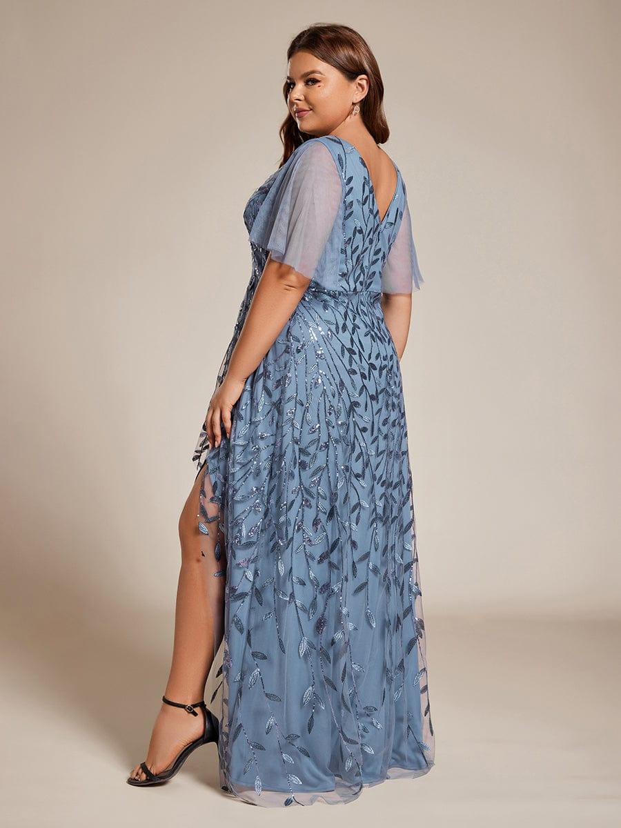 pretty ALIX|Plus Size Short Sleeves Sequin High Low V-Neck Midi Formal Evening Dress