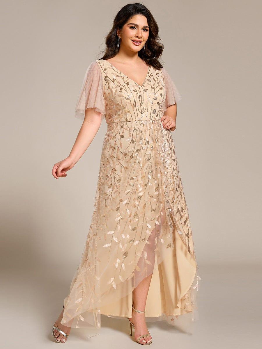 pretty ALIX|Plus Size Short Sleeves Sequin High Low V-Neck Midi Formal Evening Dress