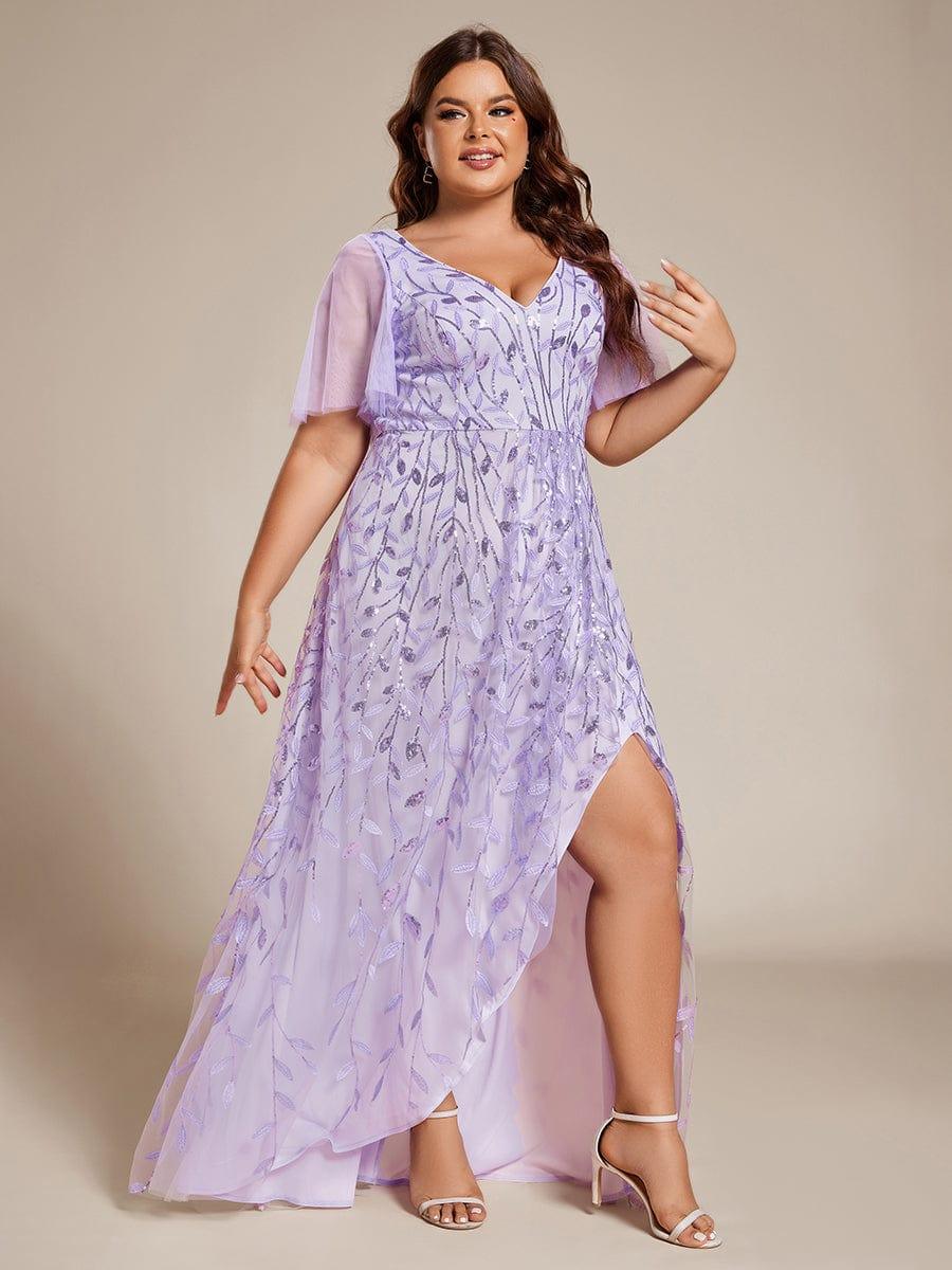 pretty ALIX|Plus Size Short Sleeves Sequin High Low V-Neck Midi Formal Evening Dress