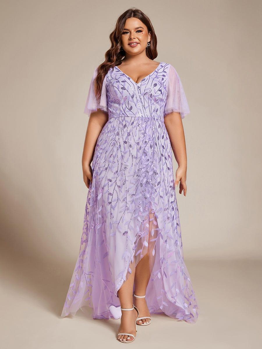 pretty ALIX|Plus Size Short Sleeves Sequin High Low V-Neck Midi Formal Evening Dress