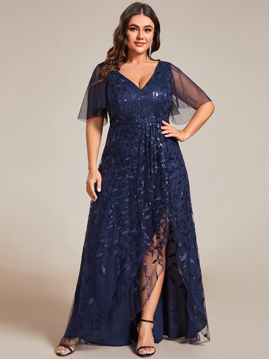 pretty ALIX|Plus Size Short Sleeves Sequin High Low V-Neck Midi Formal Evening Dress
