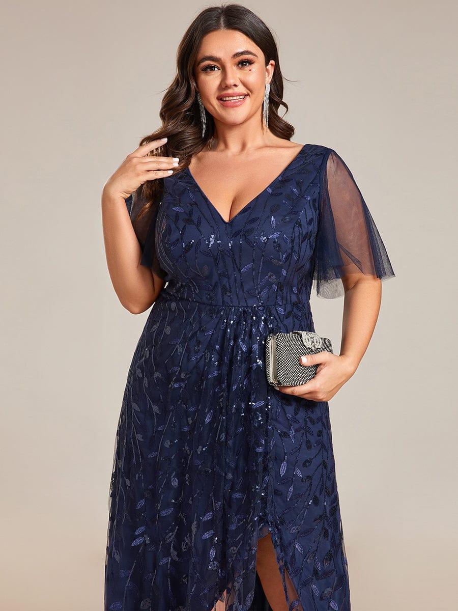 pretty ALIX|Plus Size Short Sleeves Sequin High Low V-Neck Midi Formal Evening Dress