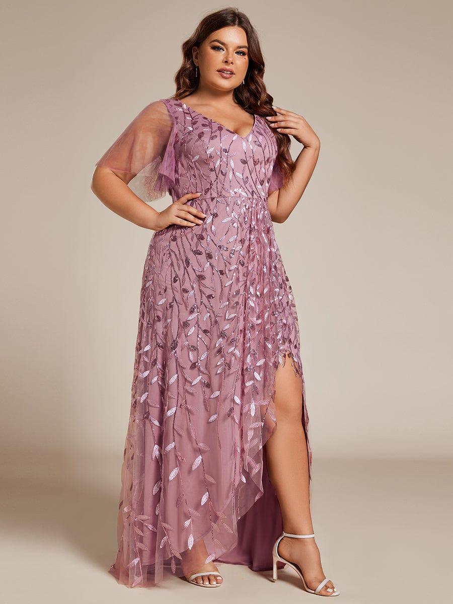 pretty ALIX|Plus Size Short Sleeves Sequin High Low V-Neck Midi Formal Evening Dress