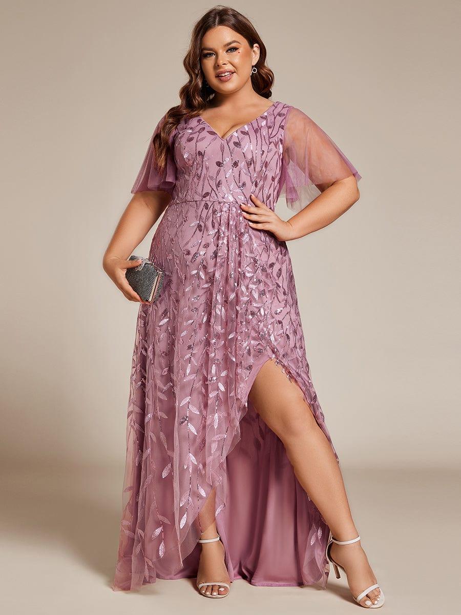 pretty ALIX|Plus Size Short Sleeves Sequin High Low V-Neck Midi Formal Evening Dress