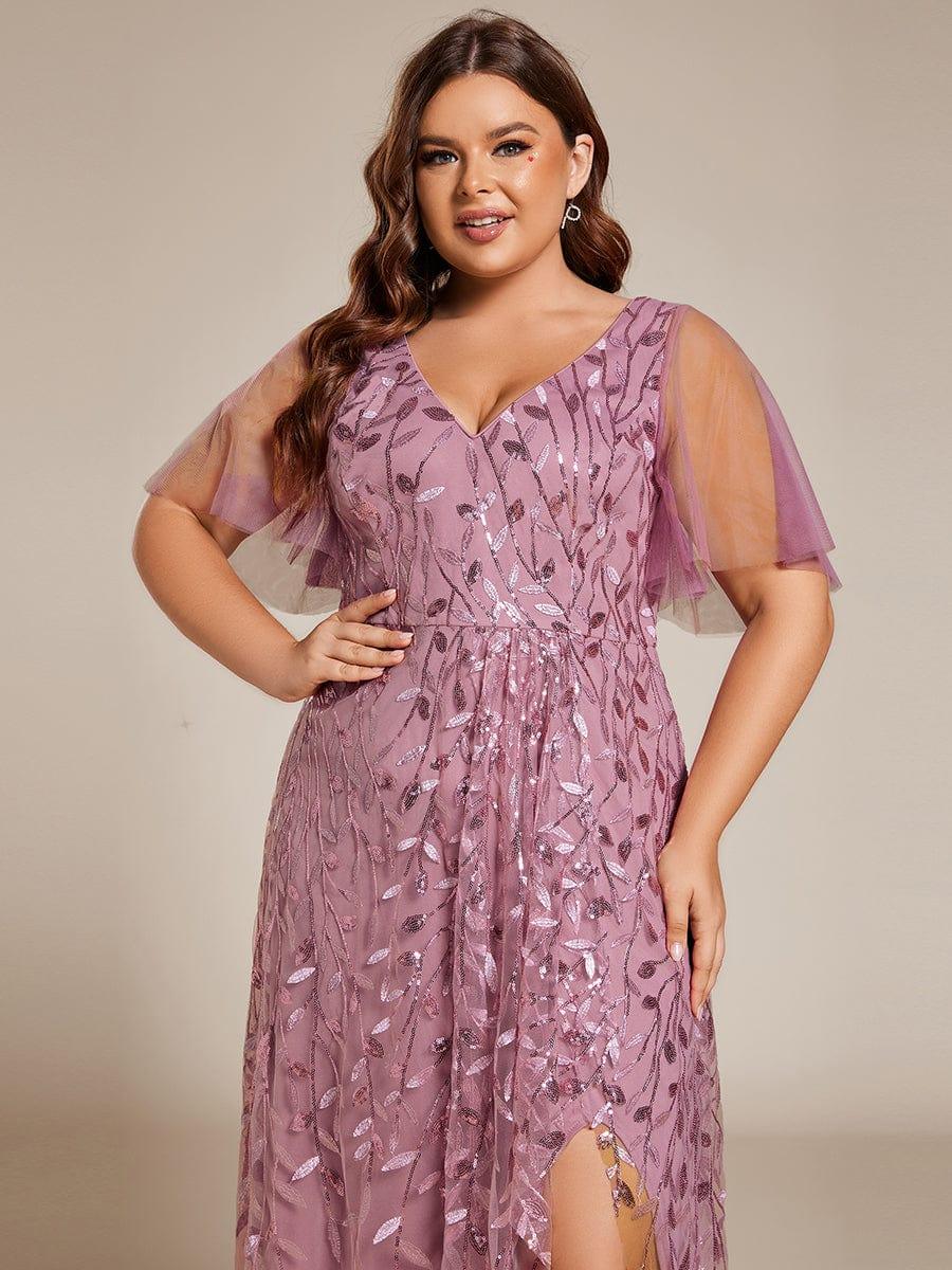 pretty ALIX|Plus Size Short Sleeves Sequin High Low V-Neck Midi Formal Evening Dress