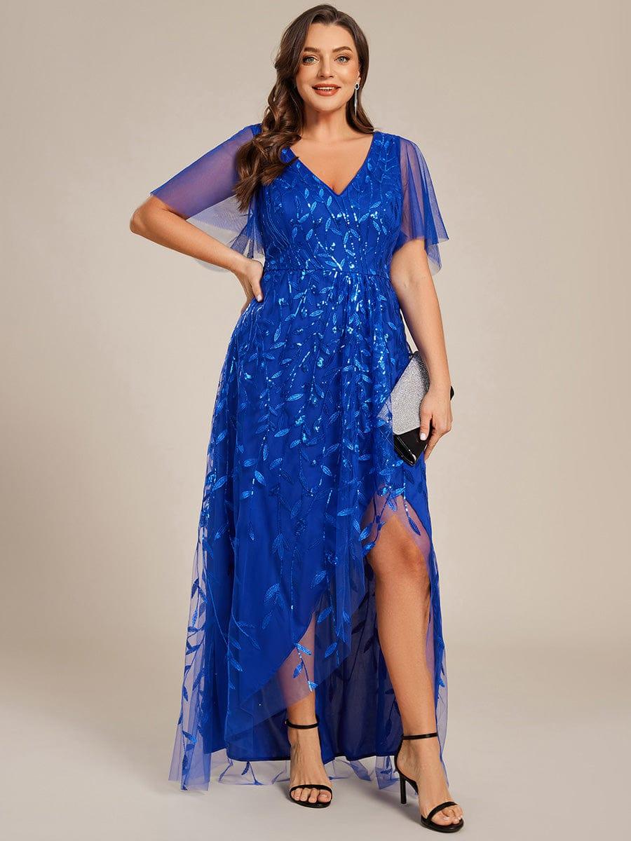 pretty ALIX|Plus Size Short Sleeves Sequin High Low V-Neck Midi Formal Evening Dress
