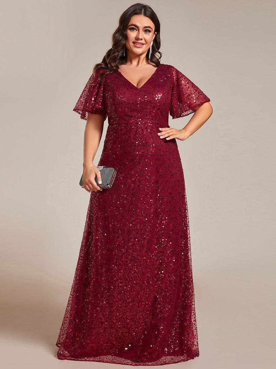 pretty ARIA|Plus Size See-Through Short Sleeves Maxi Sequin Formal Evening Dress
