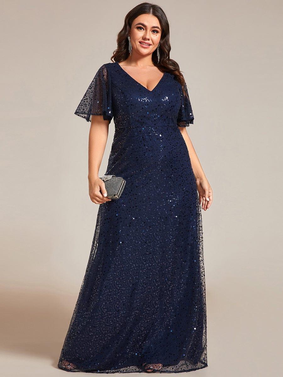 pretty ARIA|Plus Size See-Through Short Sleeves Maxi Sequin Formal Evening Dress