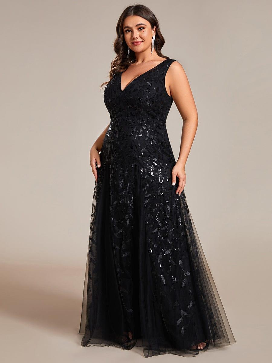 pretty ZOEY|Plus Size Sparkling Sleeveless Leaf Sequin A-Line Formal Evening Dress