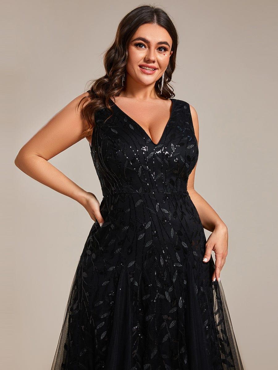 pretty ZOEY|Plus Size Sparkling Sleeveless Leaf Sequin A-Line Formal Evening Dress