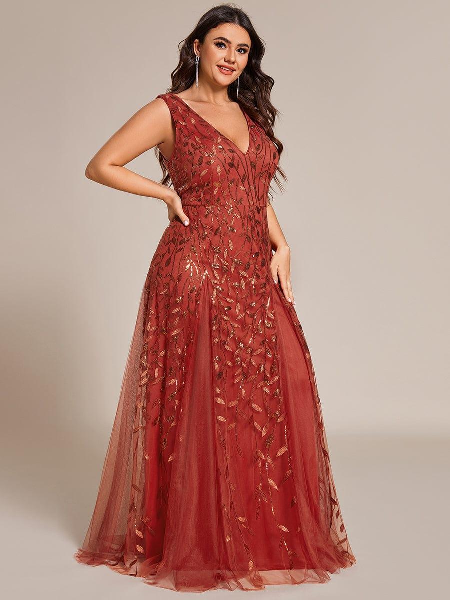 pretty ZOEY|Plus Size Sparkling Sleeveless Leaf Sequin A-Line Formal Evening Dress