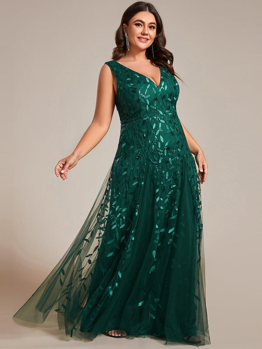 pretty ZOEY|Plus Size Sparkling Sleeveless Leaf Sequin A-Line Formal Evening Dress