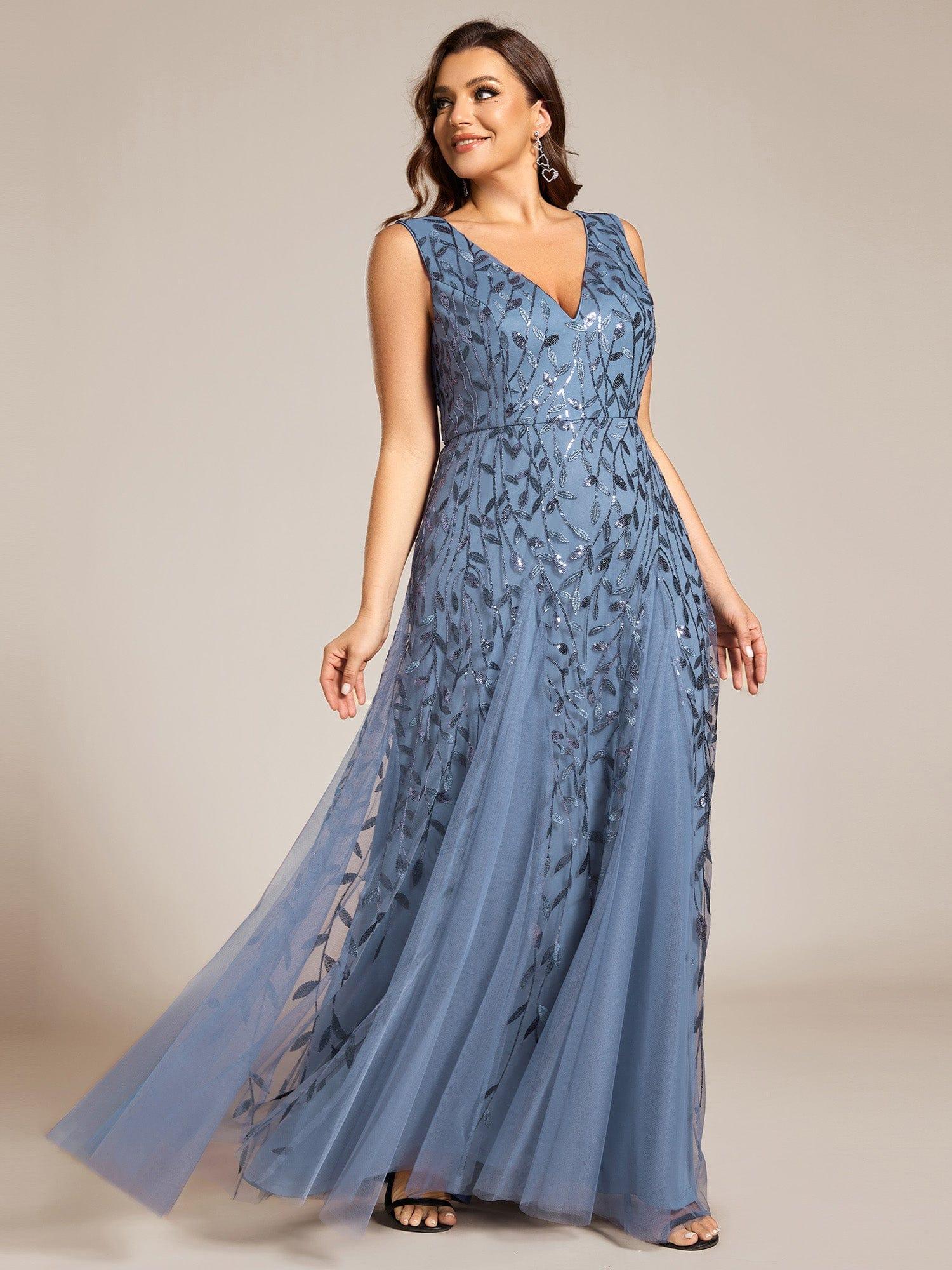 pretty ZOEY|Plus Size Sparkling Sleeveless Leaf Sequin A-Line Formal Evening Dress