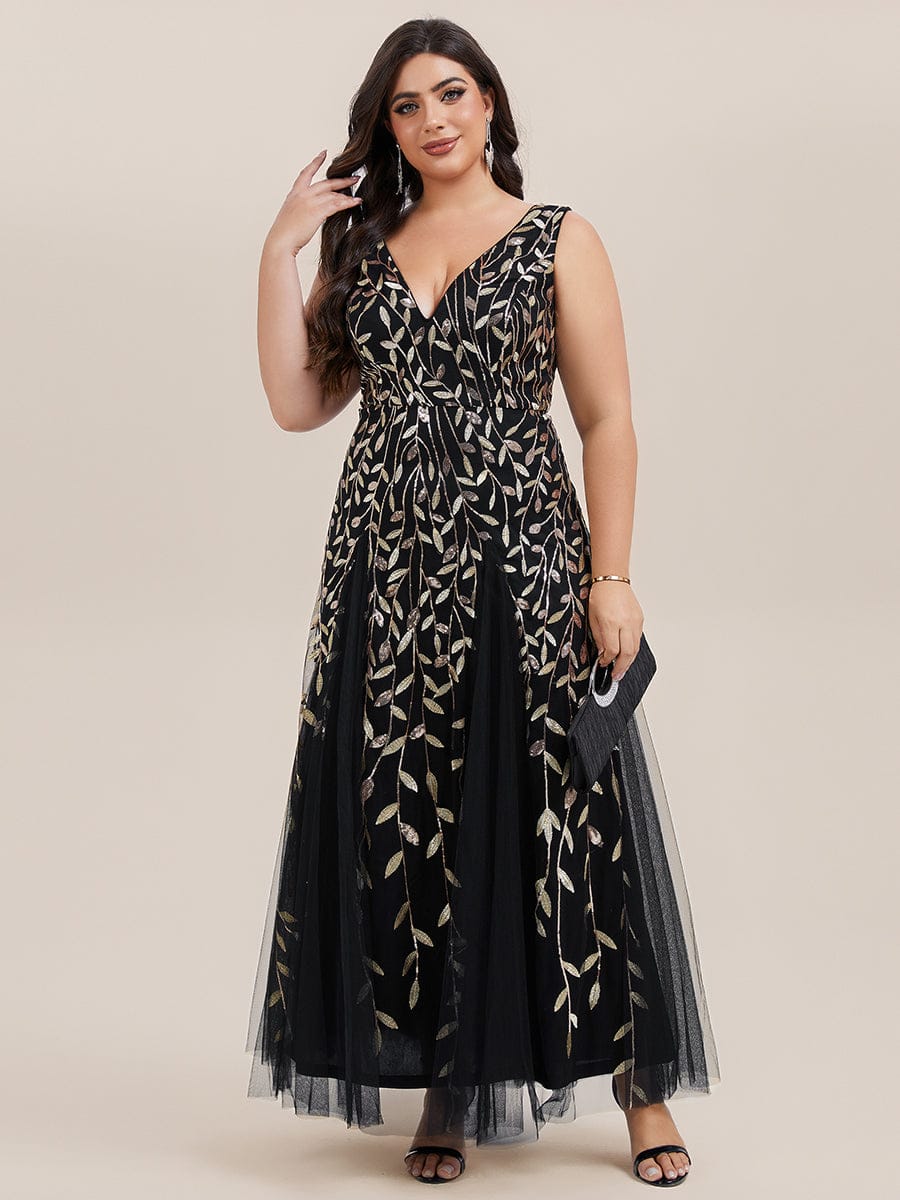 pretty ZOEY|Plus Size Sparkling Sleeveless Leaf Sequin A-Line Formal Evening Dress