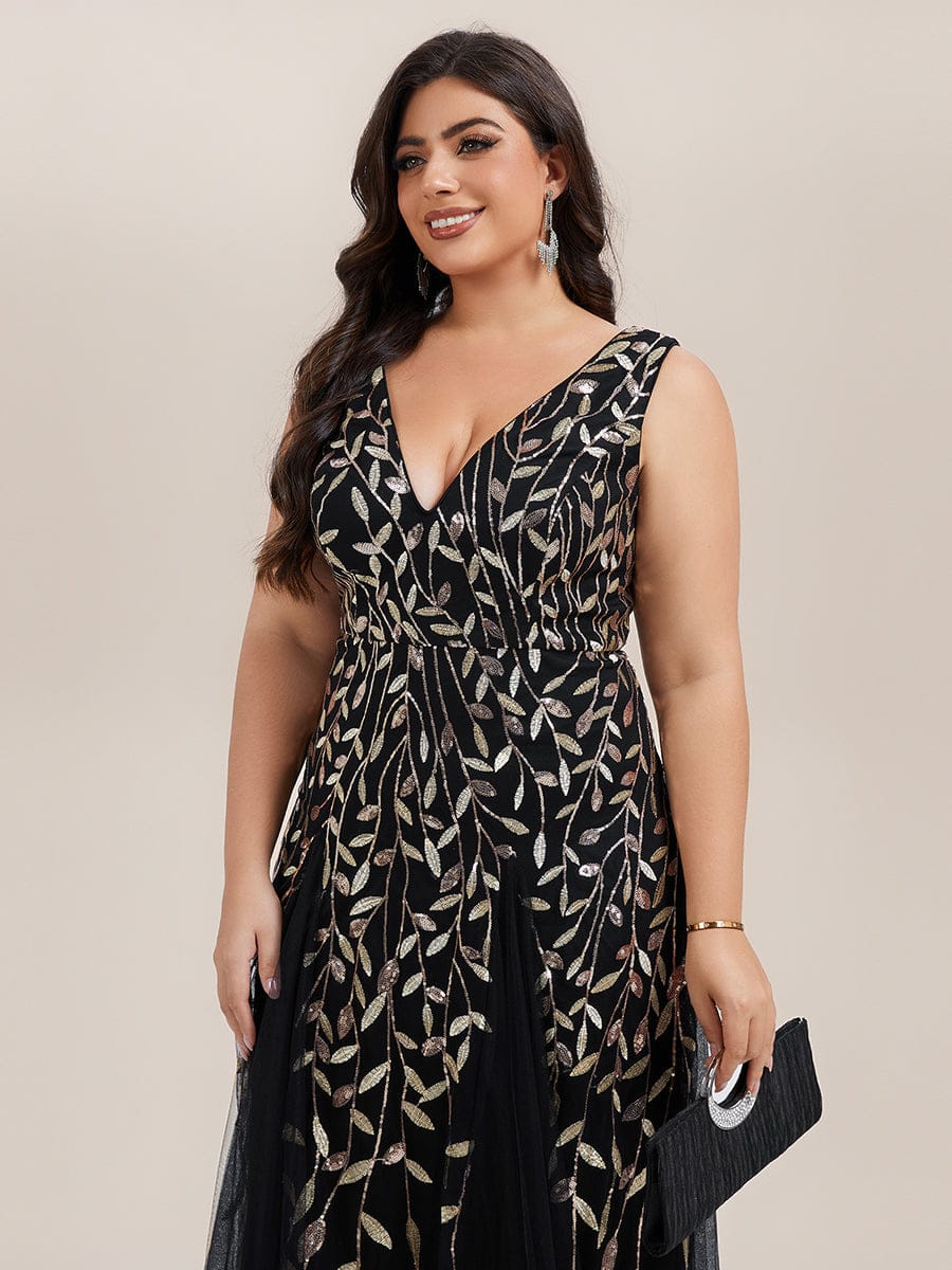 pretty ZOEY|Plus Size Sparkling Sleeveless Leaf Sequin A-Line Formal Evening Dress