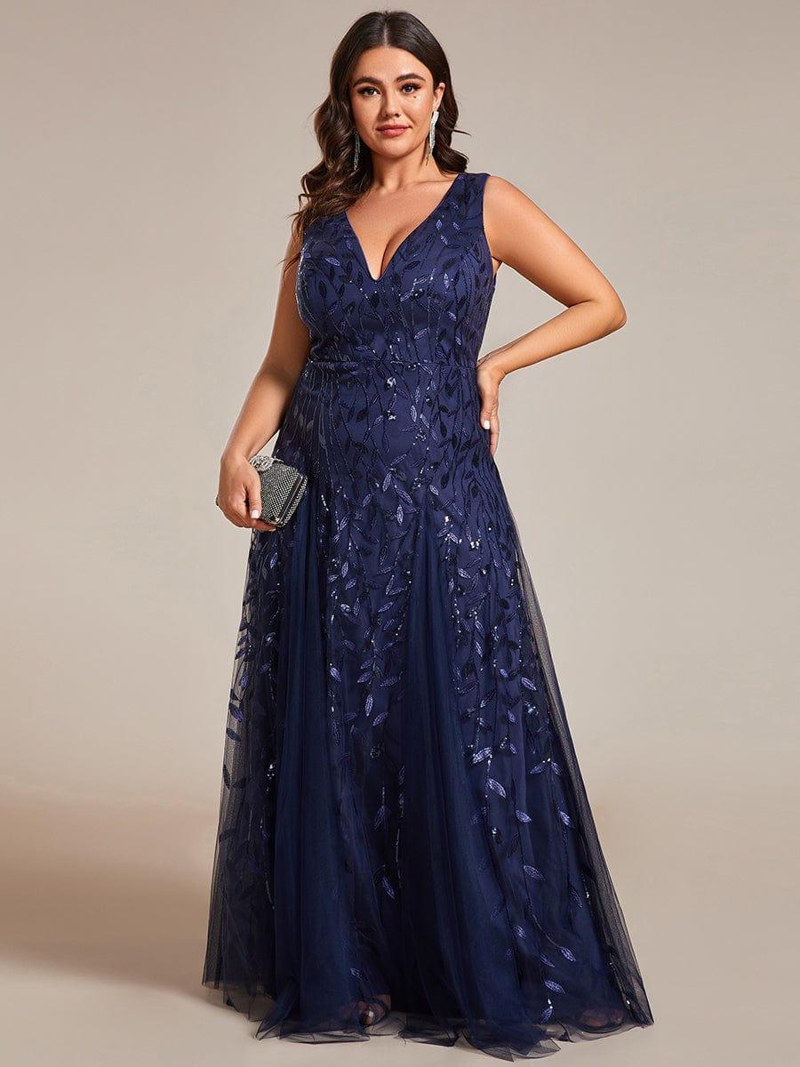 pretty ZOEY|Plus Size Sparkling Sleeveless Leaf Sequin A-Line Formal Evening Dress