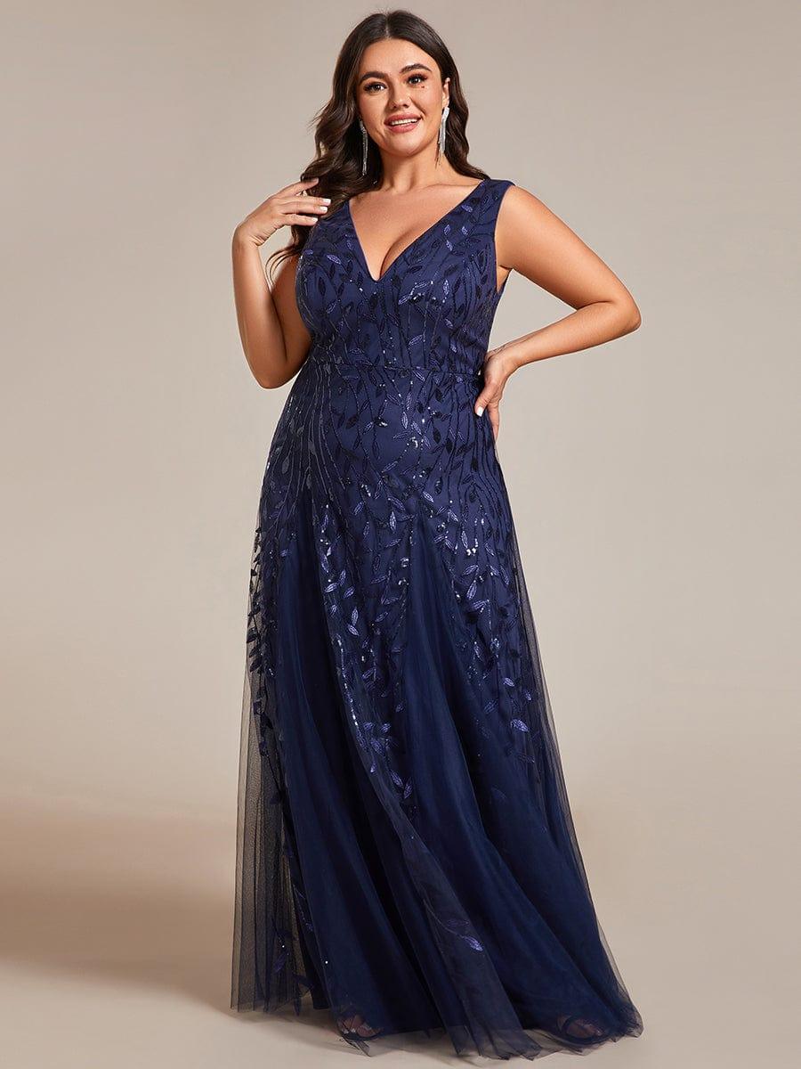 pretty ZOEY|Plus Size Sparkling Sleeveless Leaf Sequin A-Line Formal Evening Dress