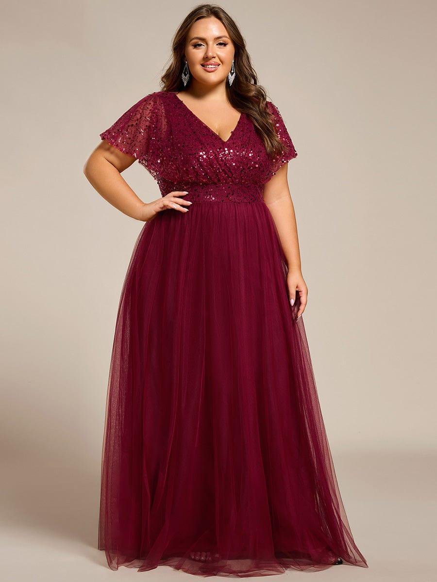 pretty NAVEYA|Plus Size Short Sleeves Sequin V-Neck Formal Evening Dress with Tulle