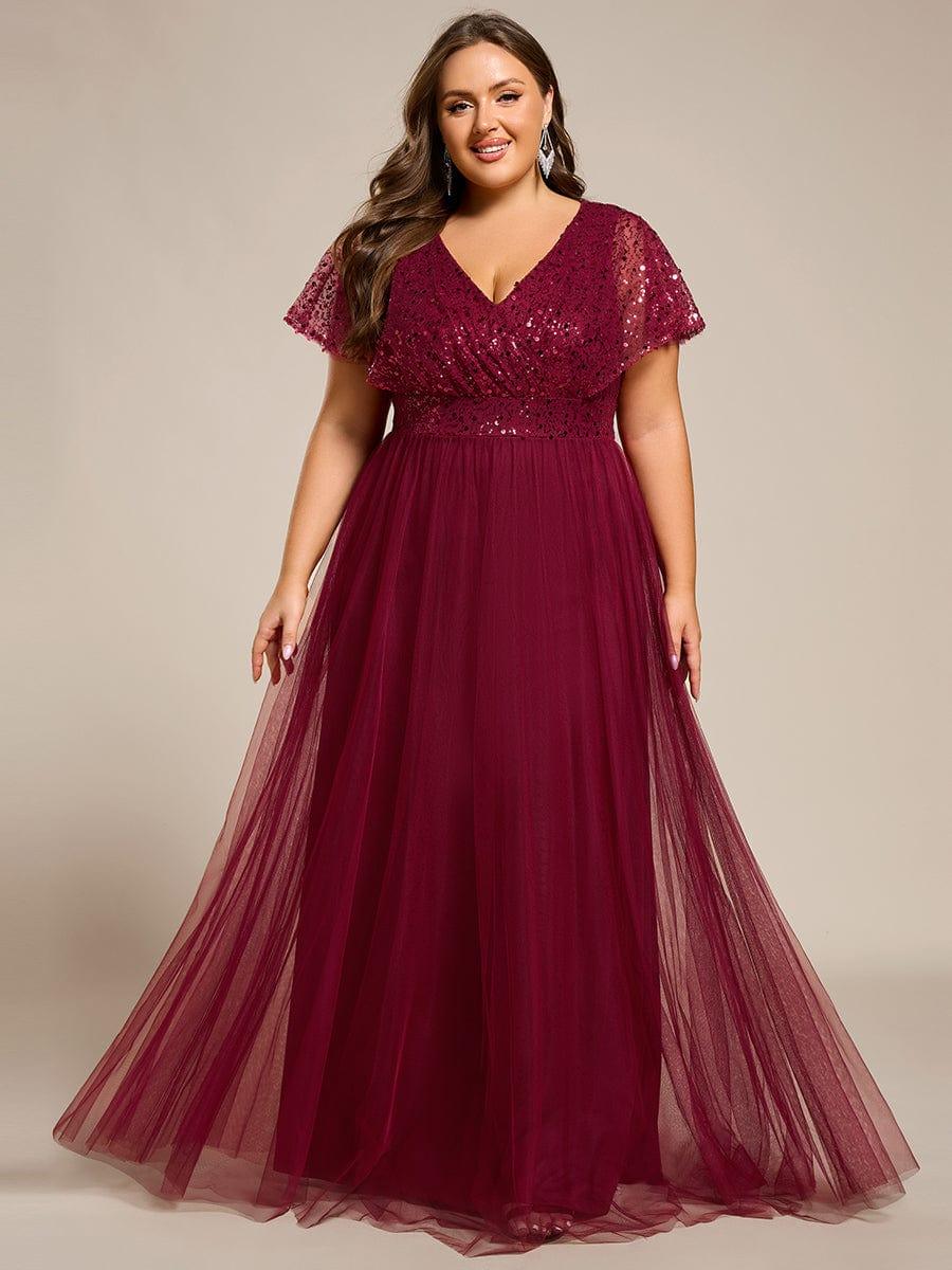 pretty NAVEYA|Plus Size Short Sleeves Sequin V-Neck Formal Evening Dress with Tulle