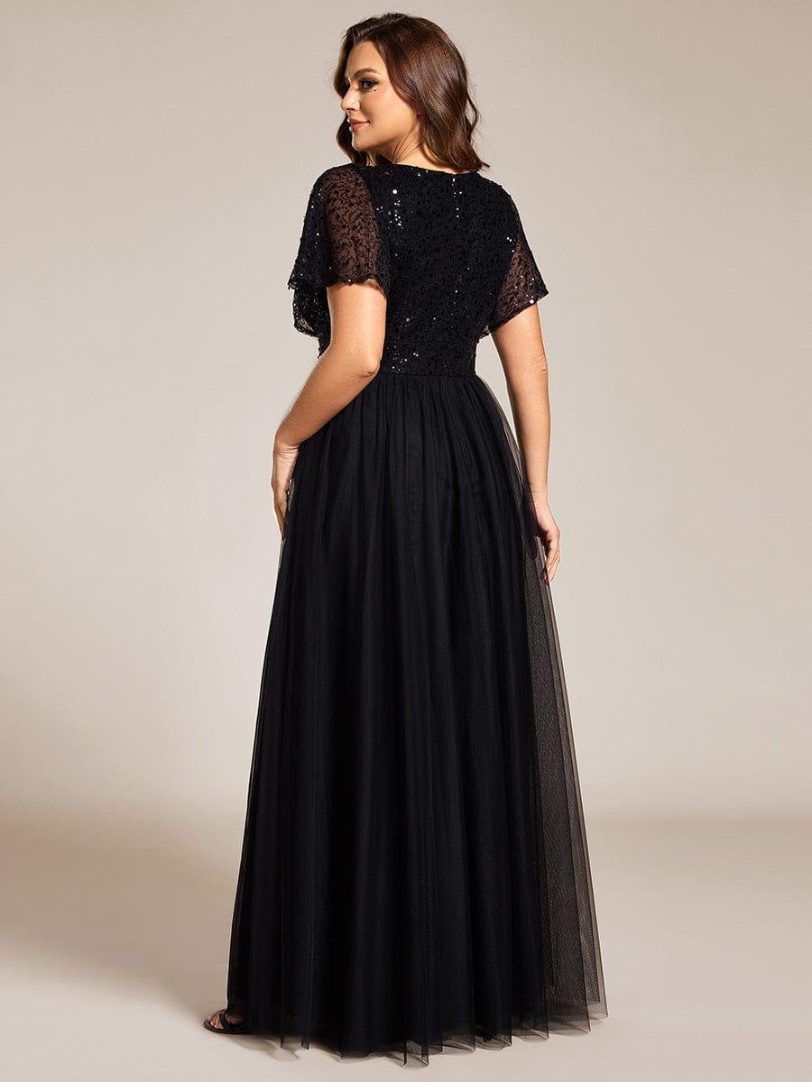 pretty NAVEYA|Plus Size Short Sleeves Sequin V-Neck Formal Evening Dress with Tulle