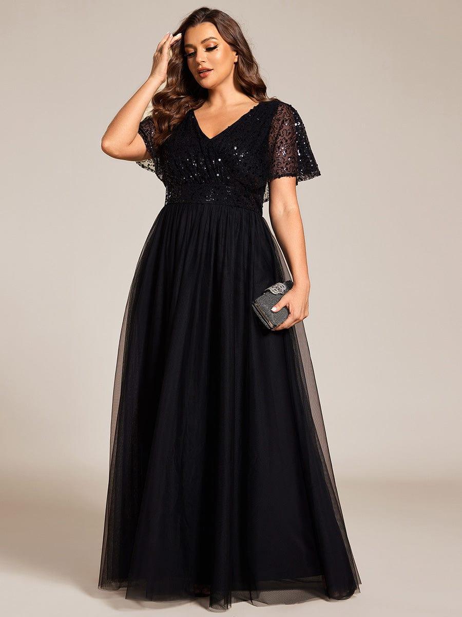 pretty NAVEYA|Plus Size Short Sleeves Sequin V-Neck Formal Evening Dress with Tulle