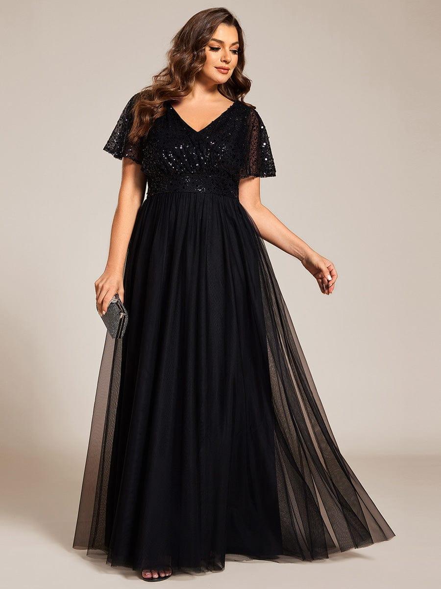 pretty NAVEYA|Plus Size Short Sleeves Sequin V-Neck Formal Evening Dress with Tulle