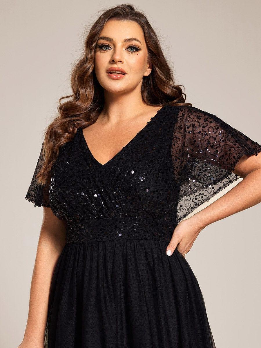 pretty NAVEYA|Plus Size Short Sleeves Sequin V-Neck Formal Evening Dress with Tulle
