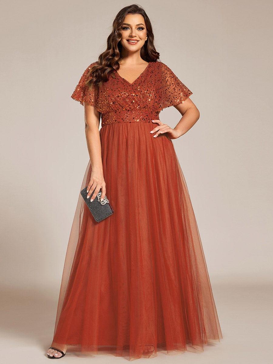pretty NAVEYA|Plus Size Short Sleeves Sequin V-Neck Formal Evening Dress with Tulle