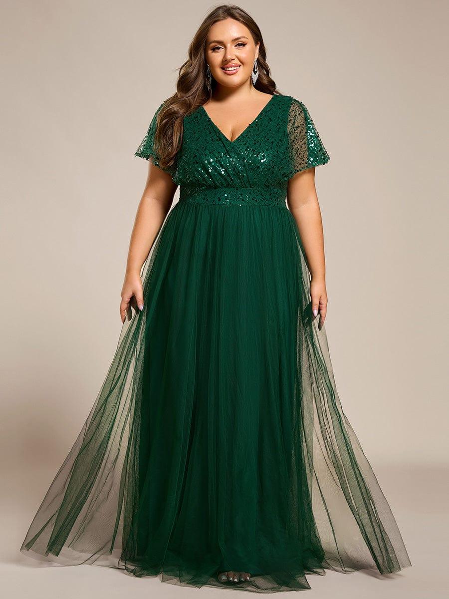pretty NAVEYA|Plus Size Short Sleeves Sequin V-Neck Formal Evening Dress with Tulle