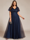 pretty NAVEYA|Plus Size Short Sleeves Sequin V-Neck Formal Evening Dress with Tulle