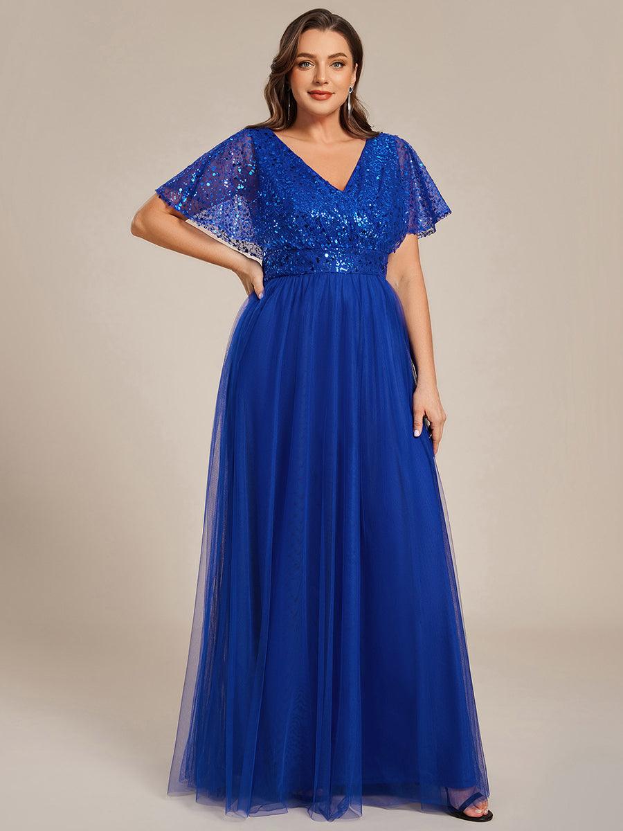 pretty NAVEYA|Plus Size Short Sleeves Sequin V-Neck Formal Evening Dress with Tulle