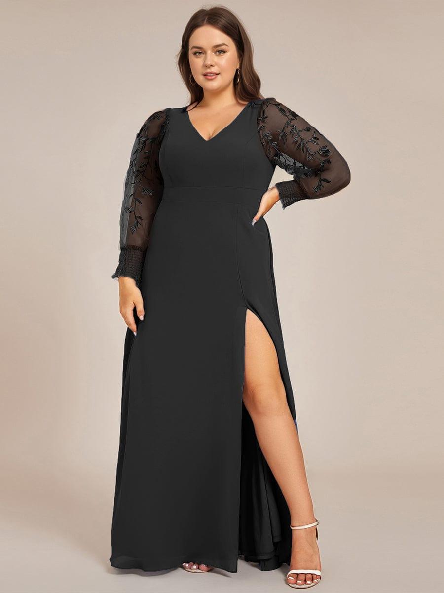 pretty RYLEE|Plus Size High Slit Embroidered Long Sleeve Chiffon Formal Evening Dress