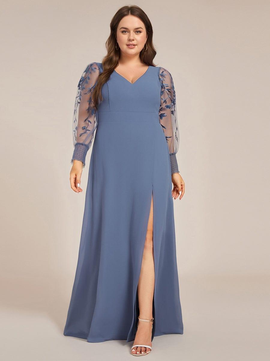 pretty RYLEE|Plus Size High Slit Embroidered Long Sleeve Chiffon Formal Evening Dress