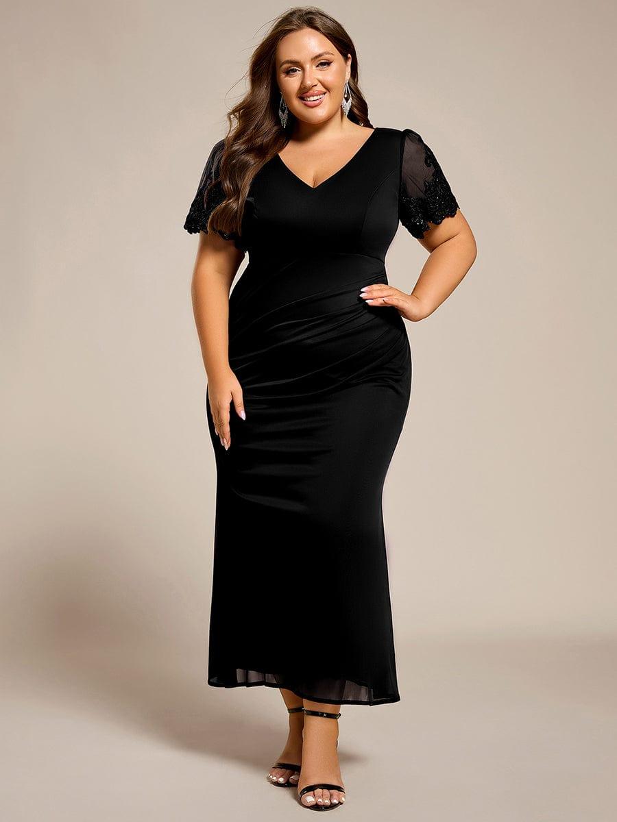 pretty CLEO|Plus Size Short Sleeve Ruffled Fishtail V-Neck Dress