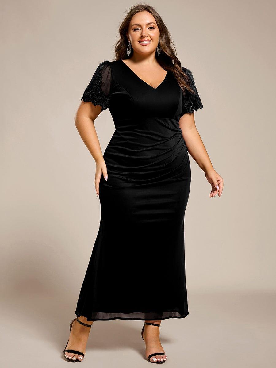 pretty CLEO|Plus Size Short Sleeve Ruffled Fishtail V-Neck Dress