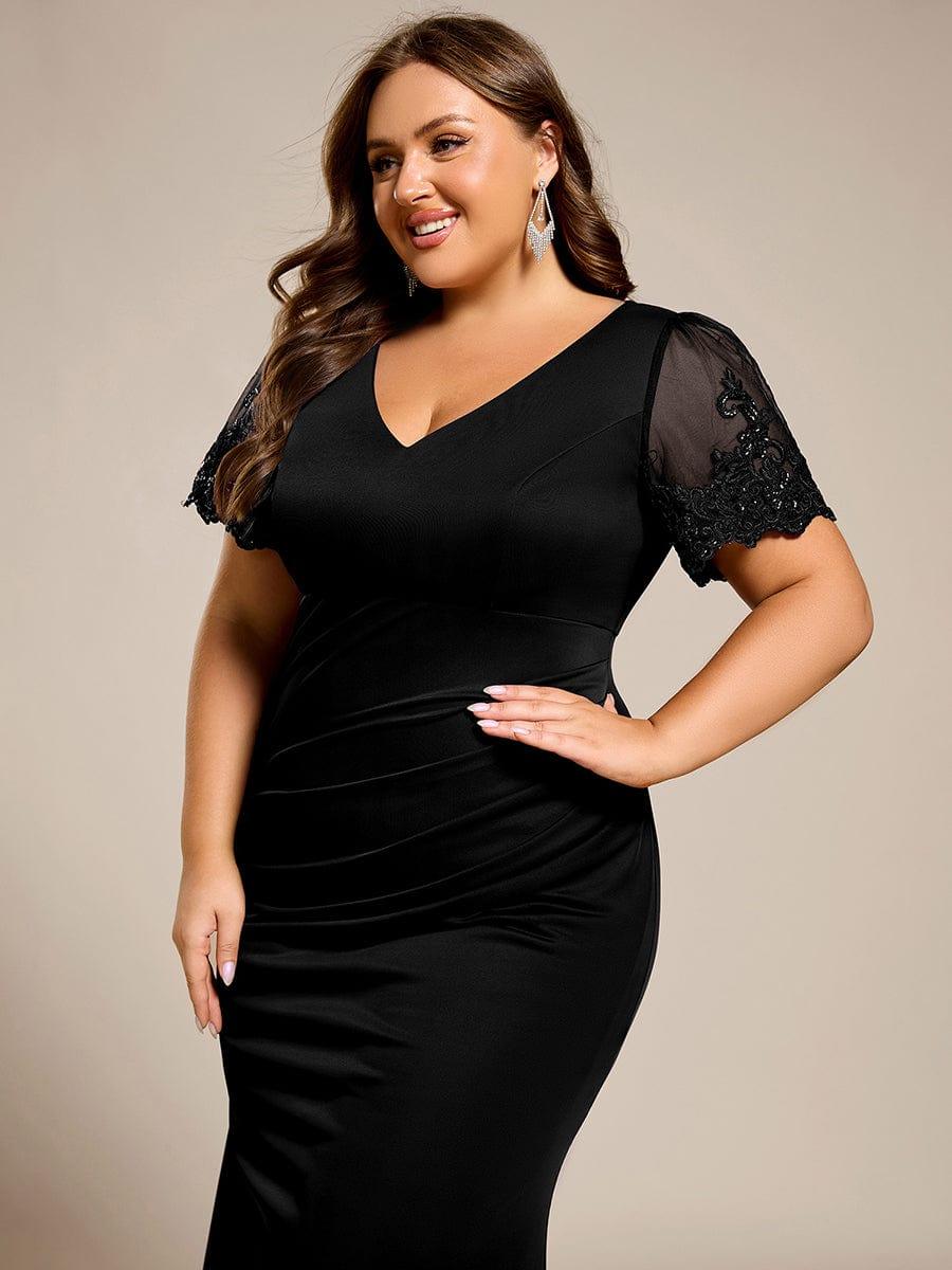 pretty CLEO|Plus Size Short Sleeve Ruffled Fishtail V-Neck Dress