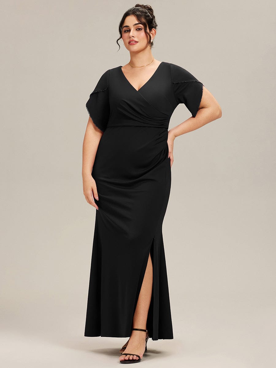 pretty EZRA| Plus Size Thigh-High SlitTulip Sleeve Formal Dress