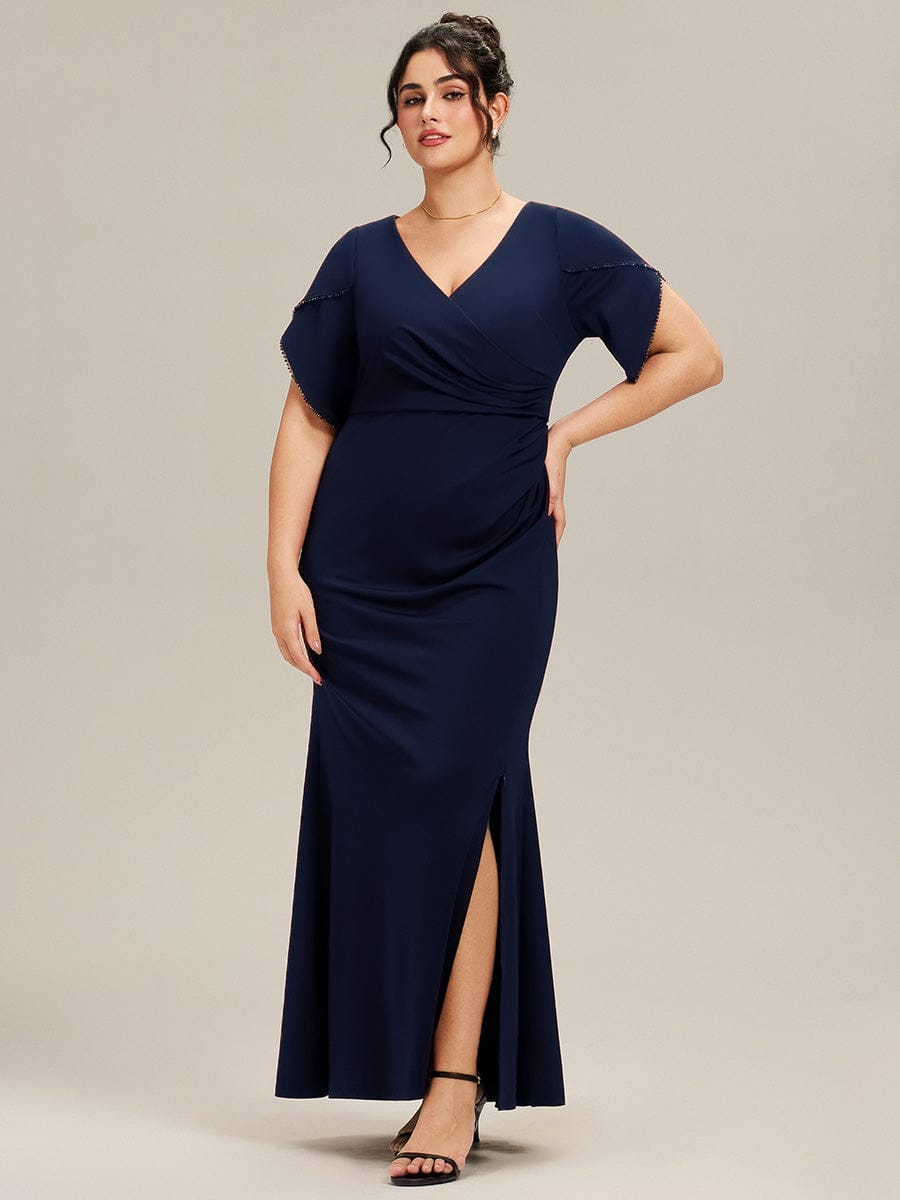 pretty EZRA| Plus Size Thigh-High SlitTulip Sleeve Formal Dress