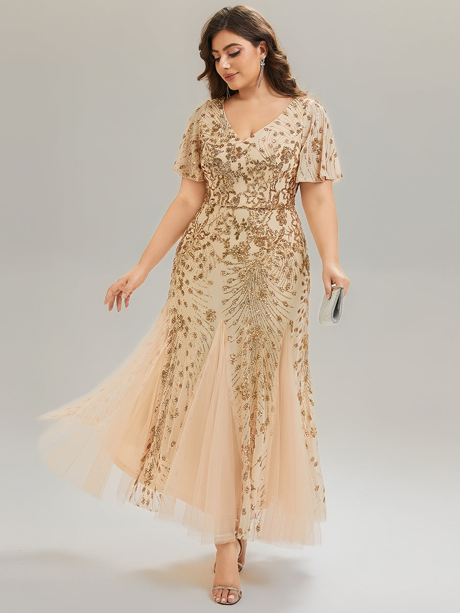 Plus Size Embroidered Sequin Ruffle Sleeve Formal Dress