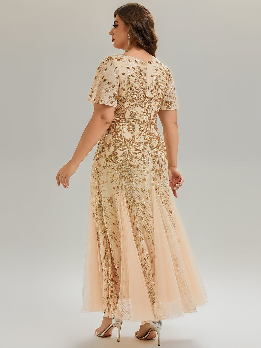 Plus Size Embroidered Sequin Ruffle Sleeve Formal Dress