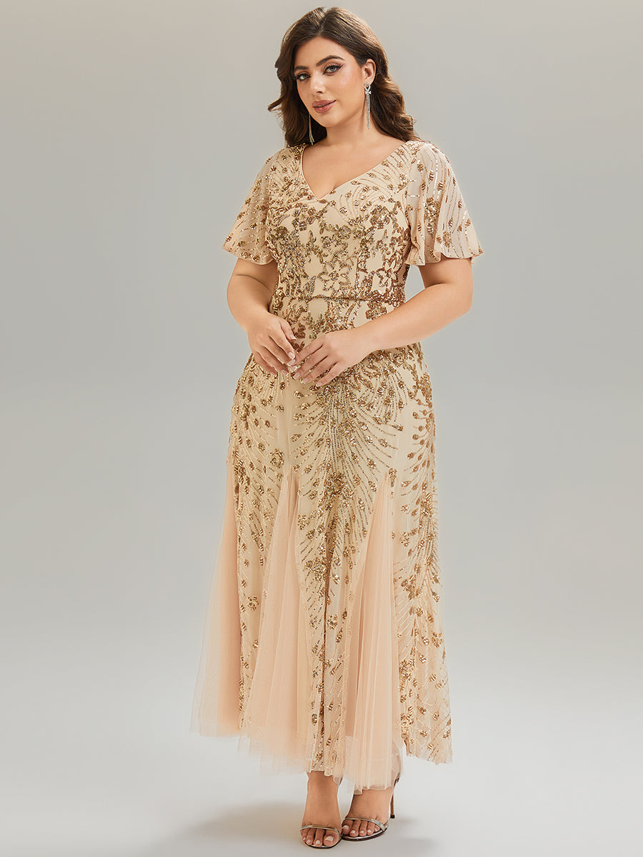 Plus Size Embroidered Sequin Ruffle Sleeve Formal Dress