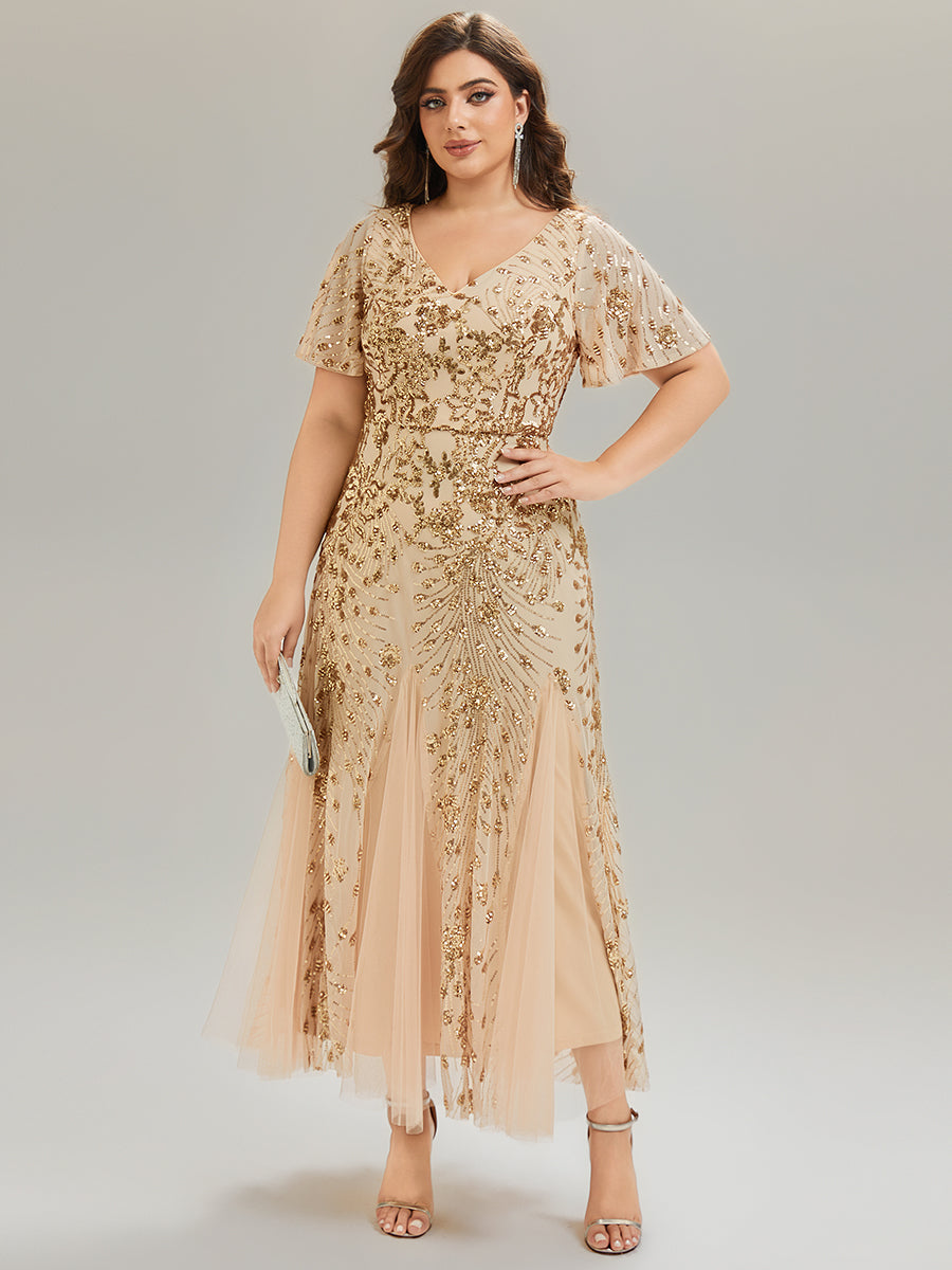 Plus Size Embroidered Sequin Ruffle Sleeve Formal Dress
