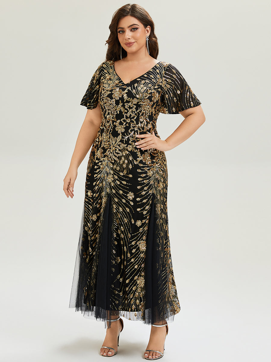 Plus Size Embroidered Sequin Ruffle Sleeve Formal Dress