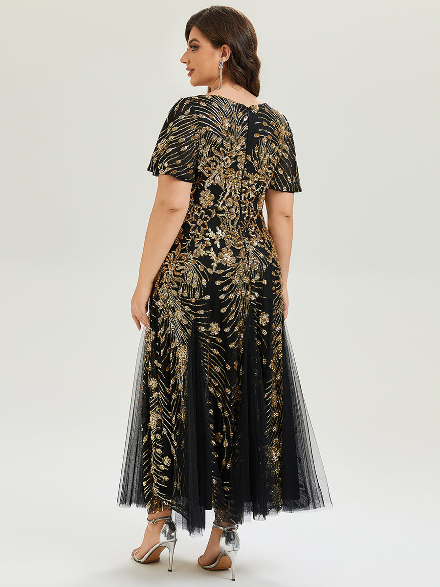 Plus Size Embroidered Sequin Ruffle Sleeve Formal Dress