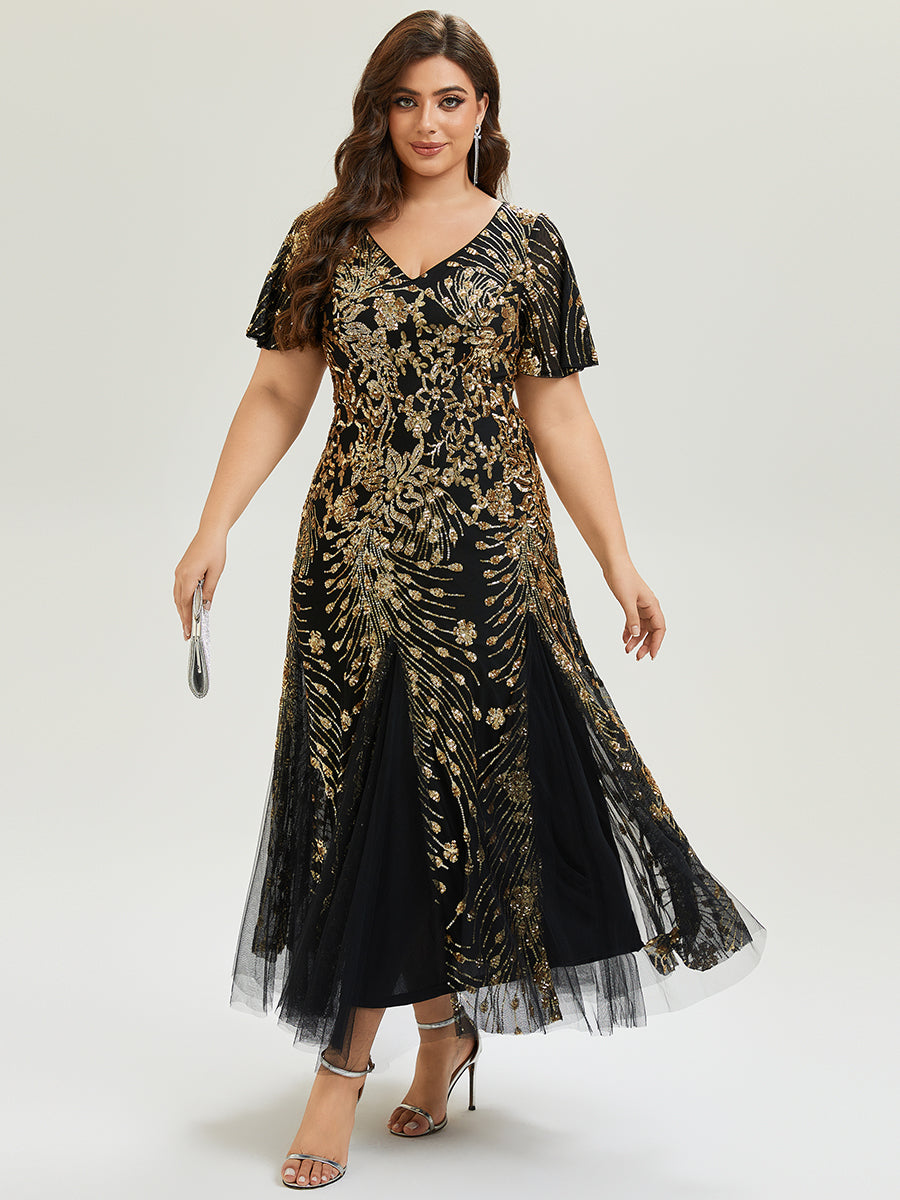 Plus Size Embroidered Sequin Ruffle Sleeve Formal Dress