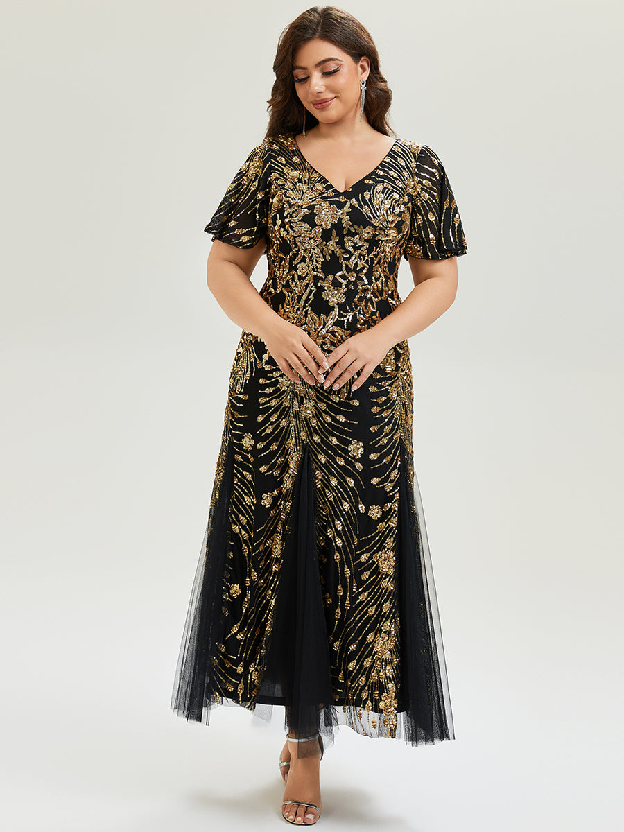 Plus Size Embroidered Sequin Ruffle Sleeve Formal Dress