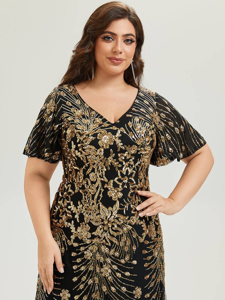 Plus Size Embroidered Sequin Ruffle Sleeve Formal Dress