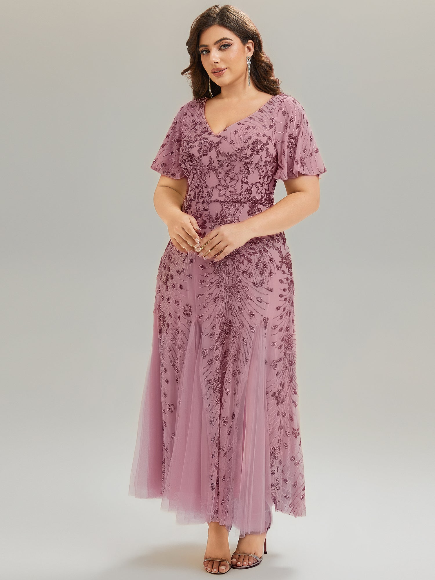 Plus Size Embroidered Sequin Ruffle Sleeve Formal Dress
