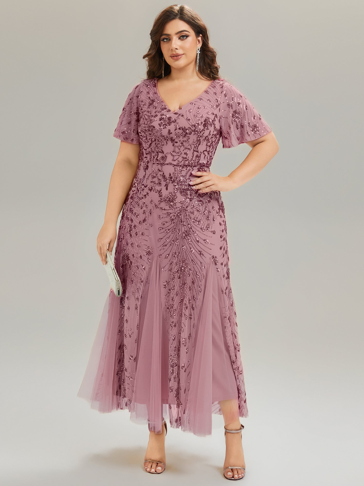 Plus Size Embroidered Sequin Ruffle Sleeve Formal Dress