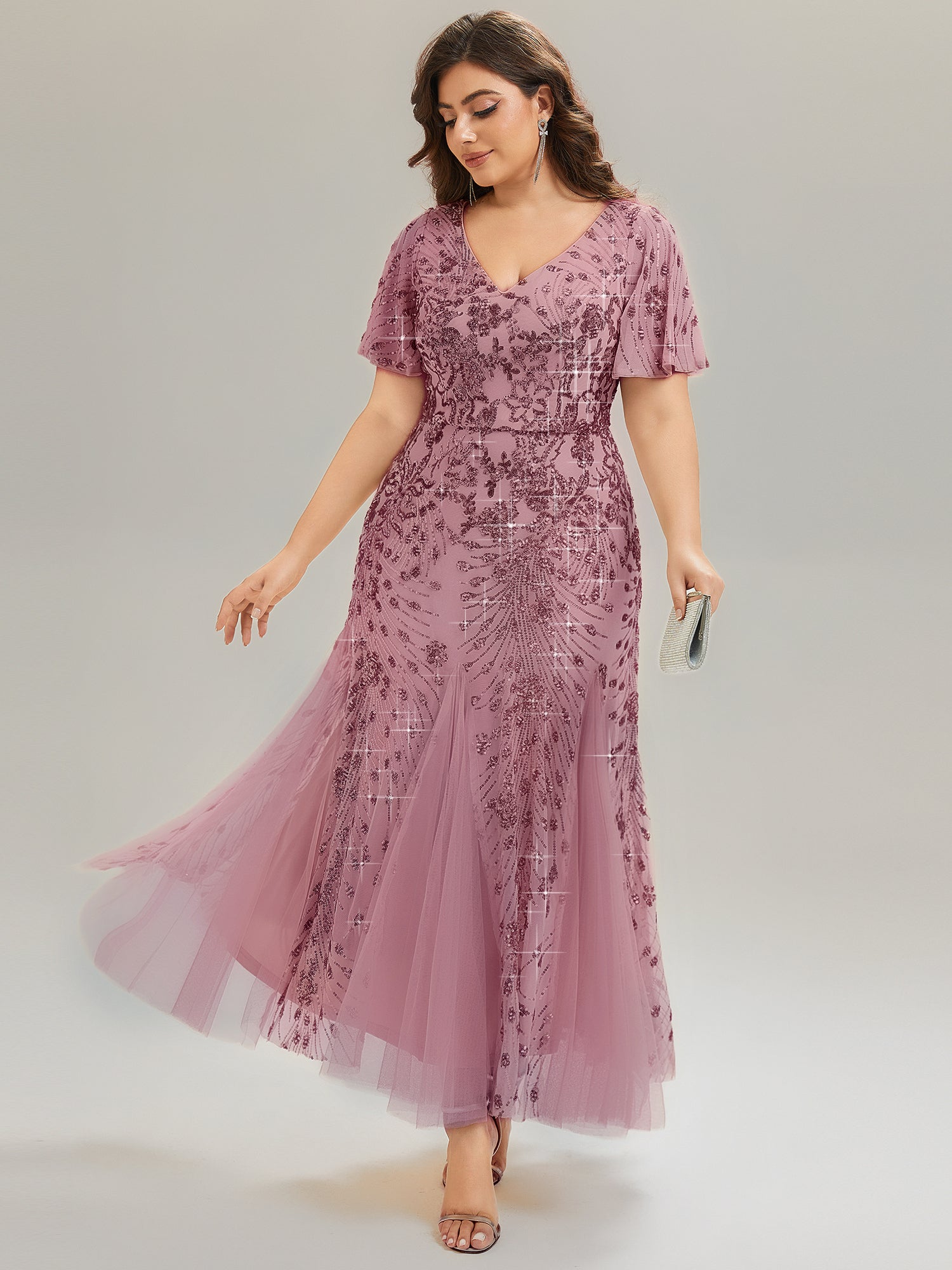 Plus Size Embroidered Sequin Ruffle Sleeve Formal Dress
